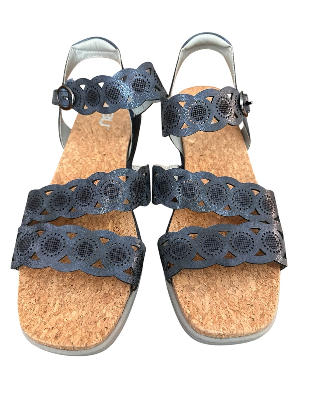 JBU Navy Scalloped Laser-Cut Cork Footbed Sandals